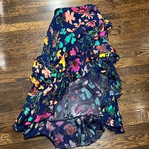 Alice and Olivia Navy and Jewel-tone burnout high-low skirt with ruffles